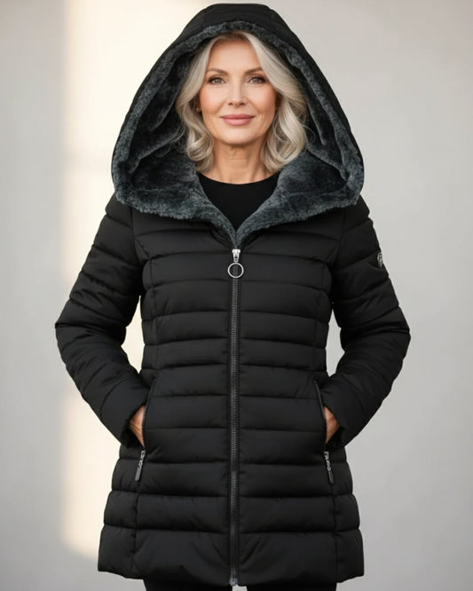 Women's Fleece Lined Long Puffer Coat | Cozy Black Winter Jacket 4