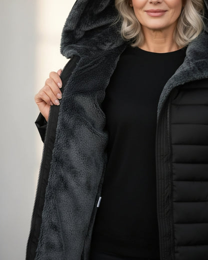 Women's Fleece Lined Long Puffer Coat | Cozy Black Winter Jacket 5