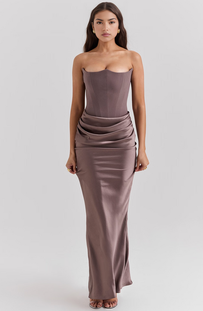 Women's Glossy Satin Evening Gown | Elegant Strapless Full-Length Formal Dress 10