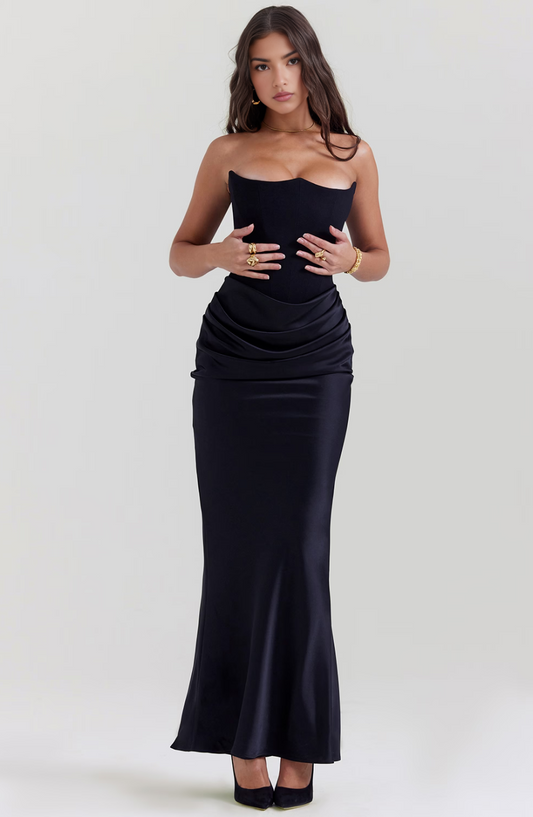 Women's Glossy Satin Evening Gown | Elegant Strapless Full-Length Formal Dress 11