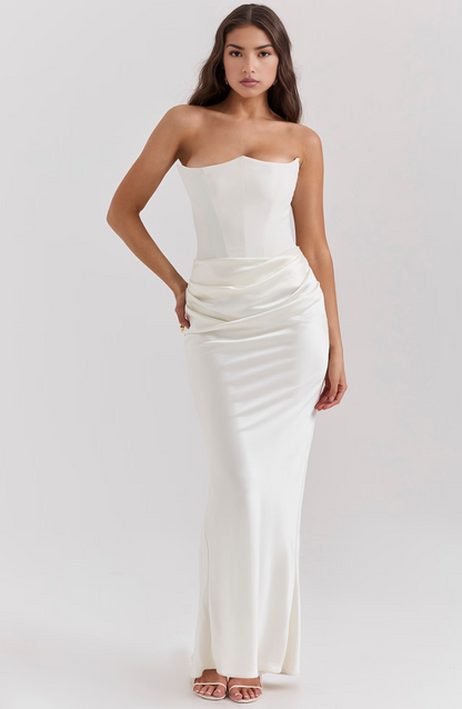 Women's Glossy Satin Evening Gown | Elegant Strapless Full-Length Formal Dress 9