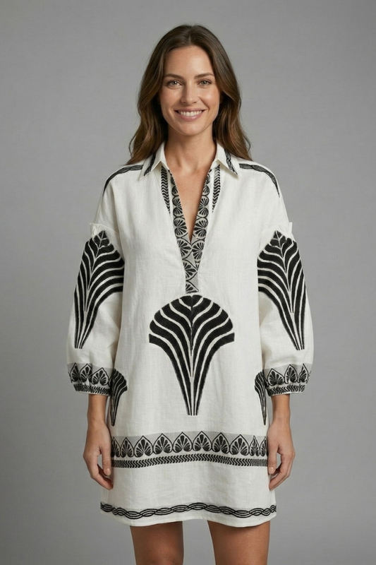 Women's Leaf Print Mini Dress | Stylish V-Neck Long Sleeve Summer Dress 0