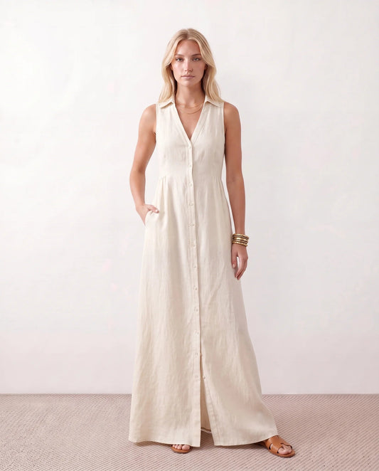 Women's Lightweight Cotton Maxi Dress | Elegant Sleeveless White Summer Dress 0