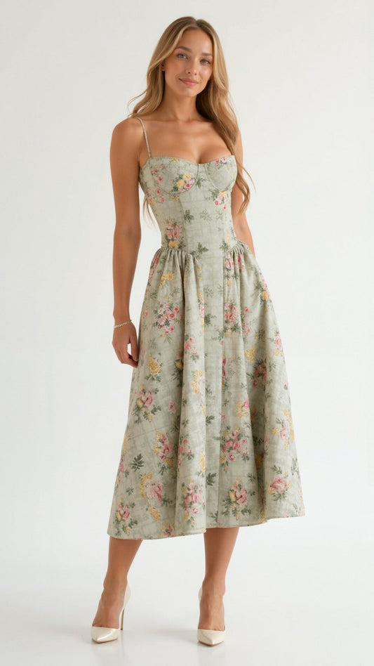 Women's Lightweight Floral Midi Dress | Elegant Sweetheart Neckline Summer Dress 0