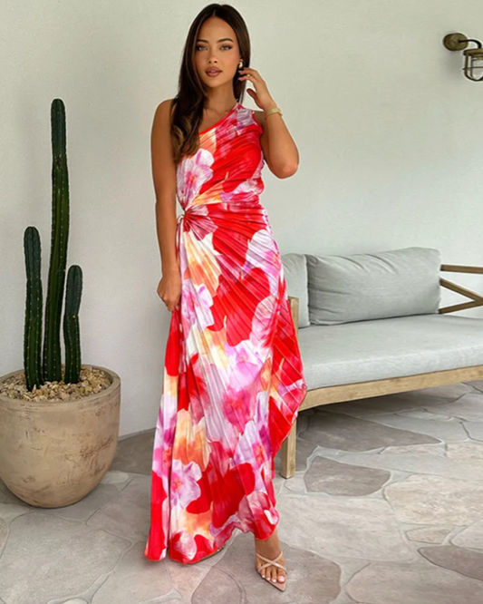 Women's Lightweight Pleated Gown | Vibrant One-Shoulder Evening Dress 1