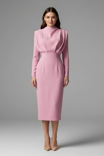 Women's Plain Woven Mini Dress | Elegant High Neckline Long Sleeve Summer Dress 0
