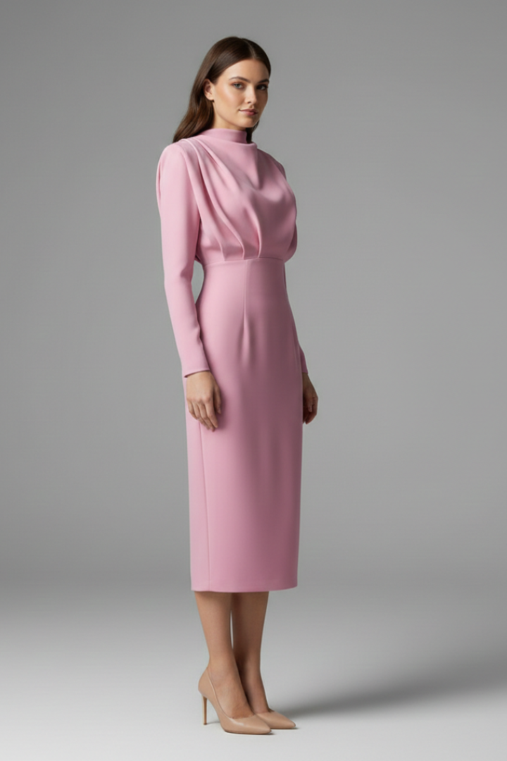 Women's Plain Woven Mini Dress | Elegant High Neckline Long Sleeve Summer Dress 2