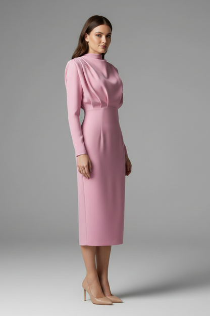 Women's Plain Woven Mini Dress | Elegant High Neckline Long Sleeve Summer Dress 2