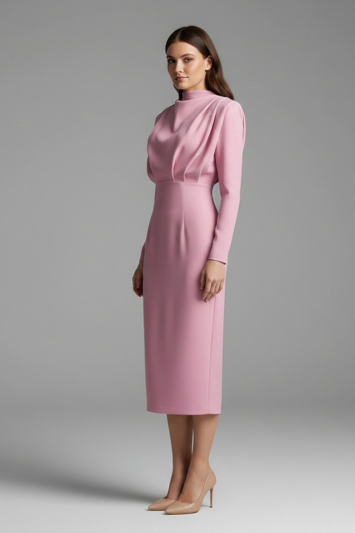 Women's Plain Woven Mini Dress | Elegant High Neckline Long Sleeve Summer Dress 4
