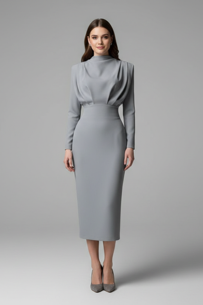 Women's Plain Woven Mini Dress | Elegant High Neckline Long Sleeve Summer Dress 7