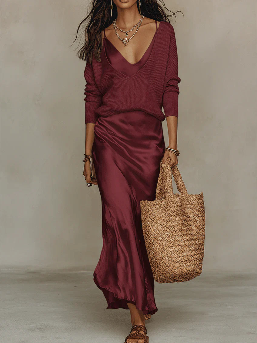 Women's Premium Satin Midi Dress Set | Elegant Layered Formal Outfit with Knit Sweater 8