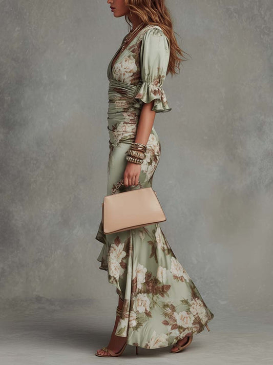 Women's Satin Floral Maxi Dress | Elegant Fishtail Formal Gown for Weddings 1