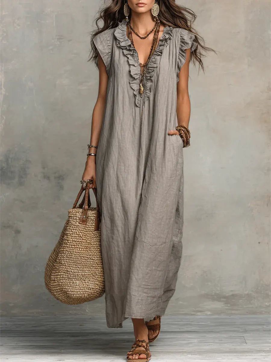 Women's Textured Maxi Dress | Elegant Ruffle V-Neck with Flutter Sleeves 0