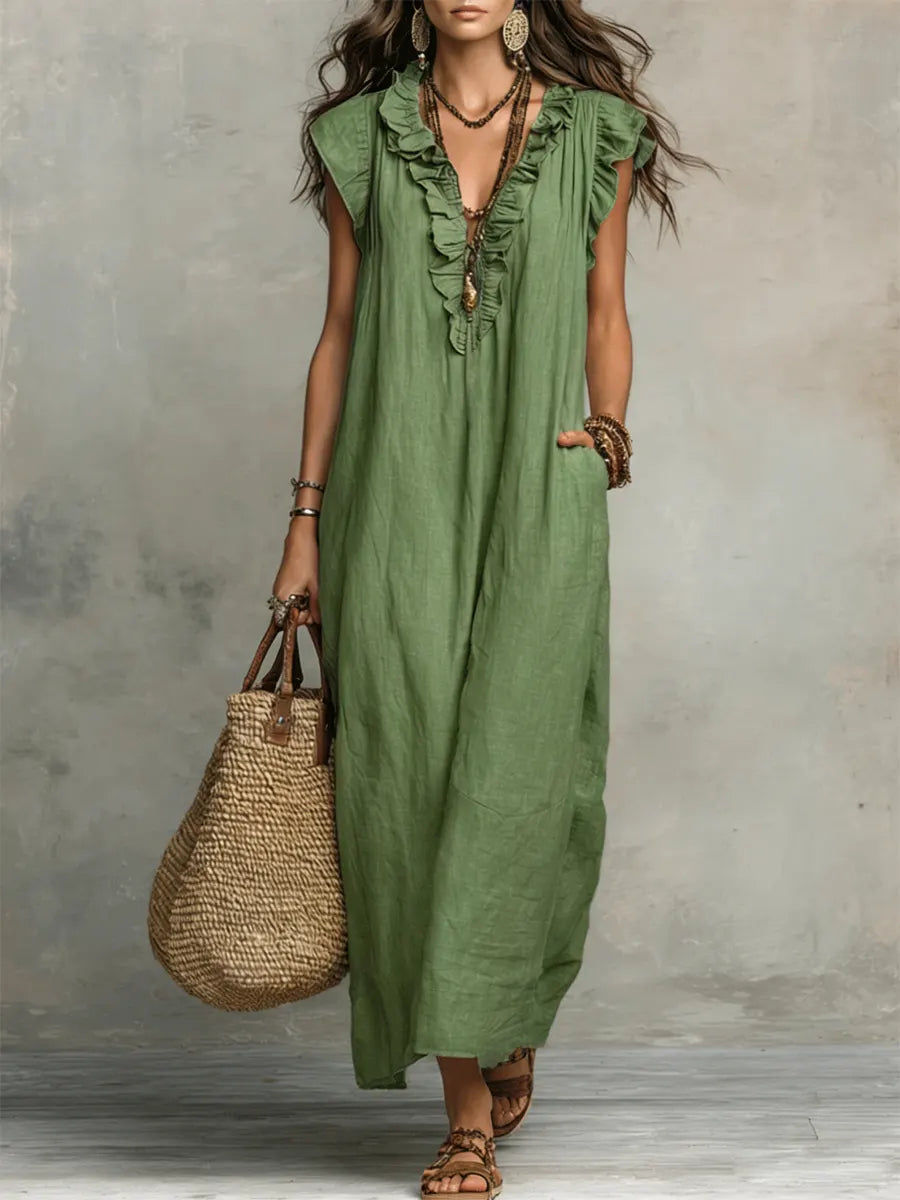 Women's Textured Maxi Dress | Elegant Ruffle V-Neck with Flutter Sleeves 1