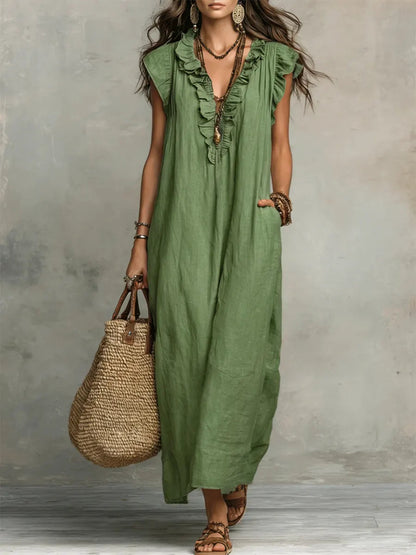 Women's Textured Maxi Dress | Elegant Ruffle V-Neck with Flutter Sleeves 1