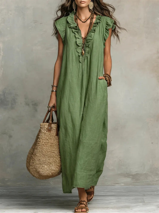 Women's Textured Maxi Dress | Elegant Ruffle V-Neck with Flutter Sleeves 1