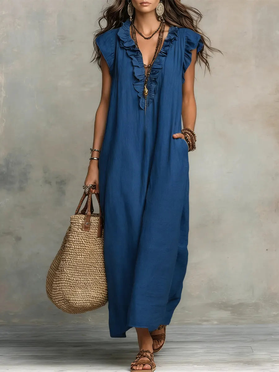 Women's Textured Maxi Dress | Elegant Ruffle V-Neck with Flutter Sleeves 2