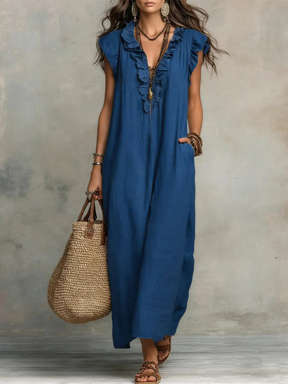Women's Textured Maxi Dress | Elegant Ruffle V-Neck with Flutter Sleeves 2