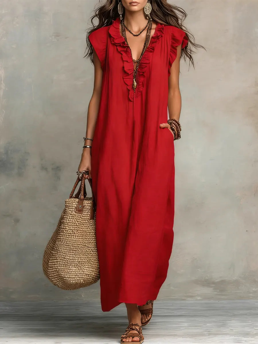 Women's Textured Maxi Dress | Elegant Ruffle V-Neck with Flutter Sleeves 3