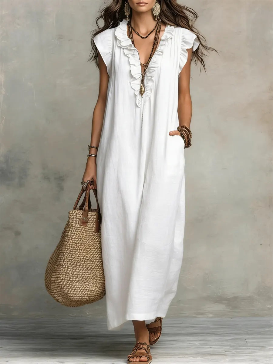 Women's Textured Maxi Dress | Elegant Ruffle V-Neck with Flutter Sleeves 4