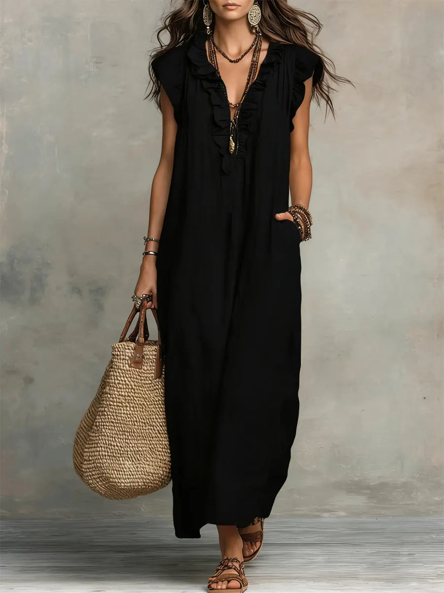 Women's Textured Maxi Dress | Elegant Ruffle V-Neck with Flutter Sleeves 5