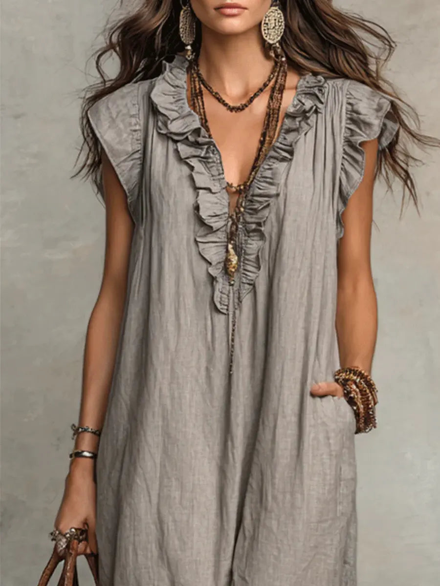 Women's Textured Maxi Dress | Elegant Ruffle V-Neck with Flutter Sleeves 7
