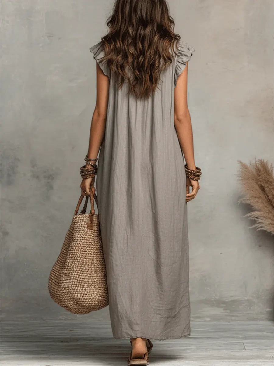 Women's Textured Maxi Dress | Elegant Ruffle V-Neck with Flutter Sleeves 8