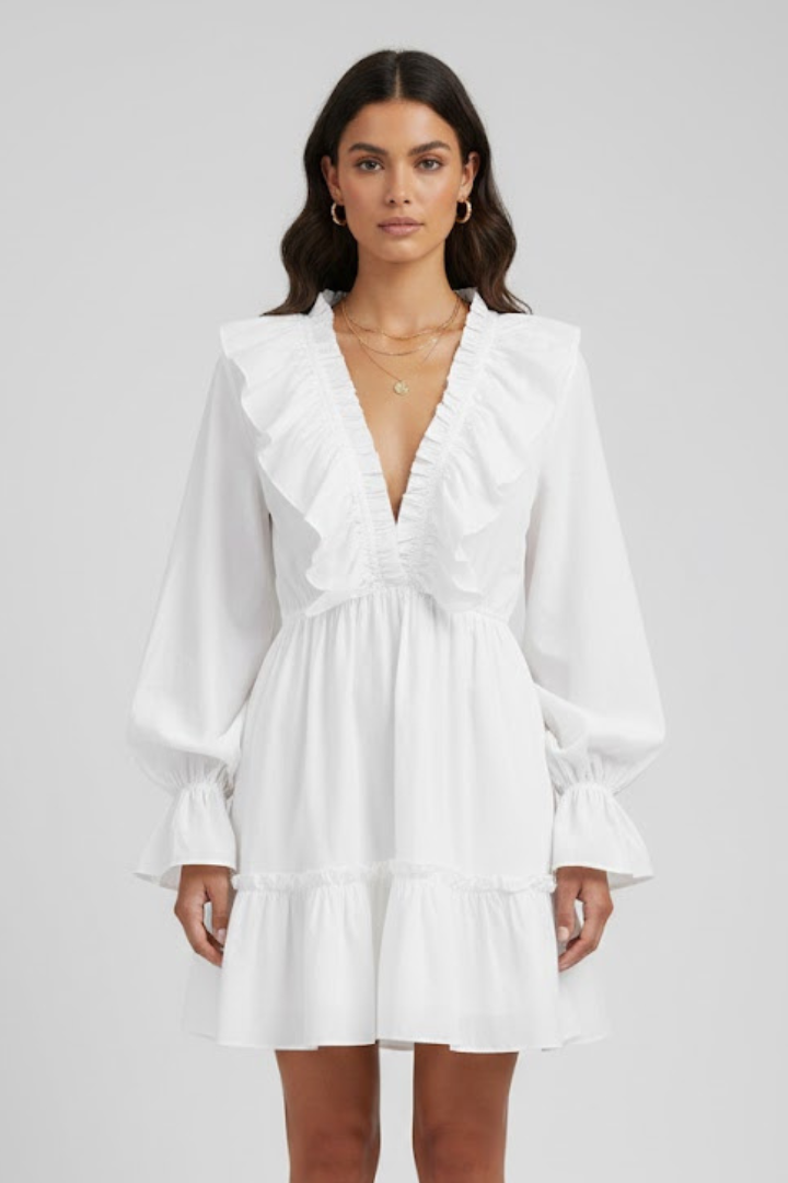 Women's Woven Mini Dress | Elegant Ruffle Trim V-Neck Summer Dress 0