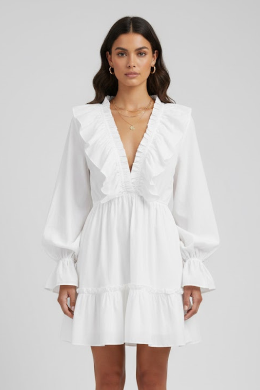 Women's Woven Mini Dress | Elegant Ruffle Trim V-Neck Summer Dress 0