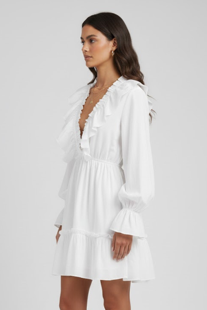 Women's Woven Mini Dress | Elegant Ruffle Trim V-Neck Summer Dress 2
