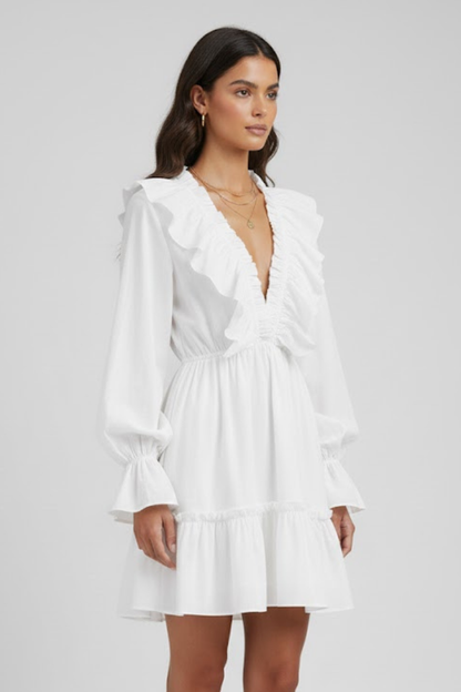 Women's Woven Mini Dress | Elegant Ruffle Trim V-Neck Summer Dress 3
