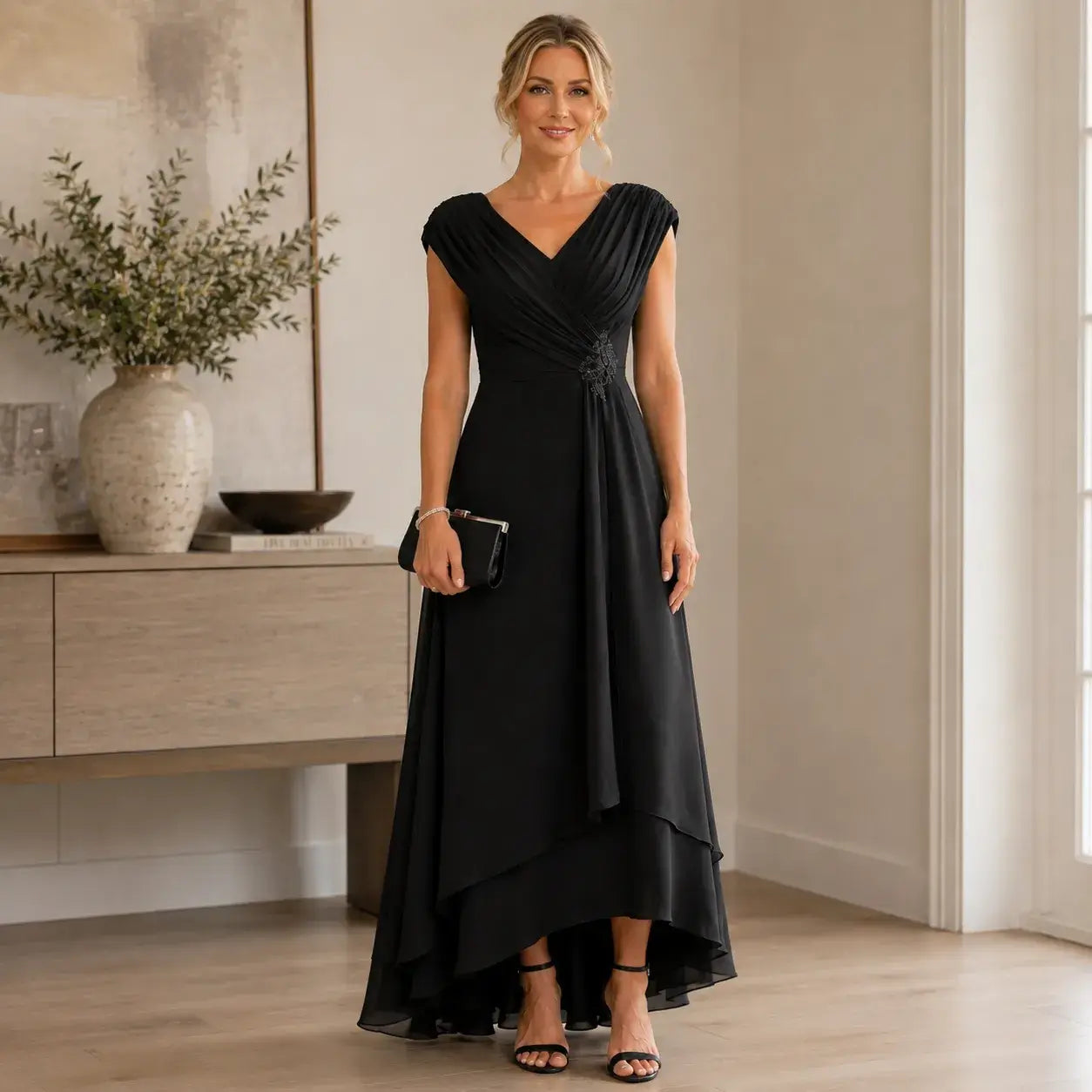 Women's Elegant Chiffon Mother Of The Bride Dress | Modest Beaded High-Low Gown