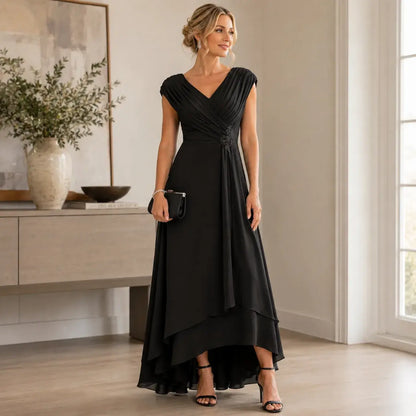 Women's Elegant Chiffon Mother Of The Bride Dress | Modest Beaded High-Low Gown