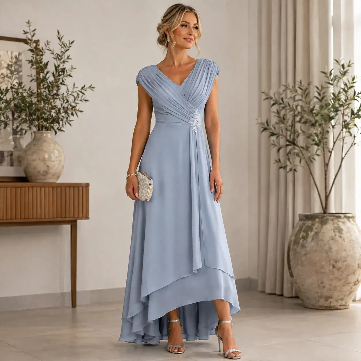 Women's Elegant Chiffon Mother Of The Bride Dress | Modest Beaded High-Low Gown