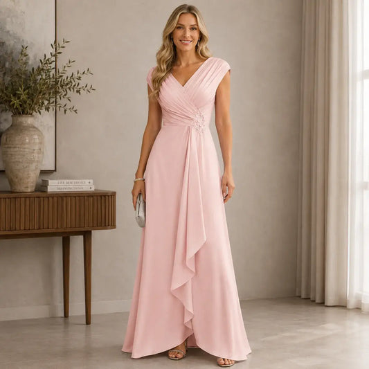 Women's Elegant Chiffon Mother Of The Bride Dress | Modest Beaded High-Low Gown