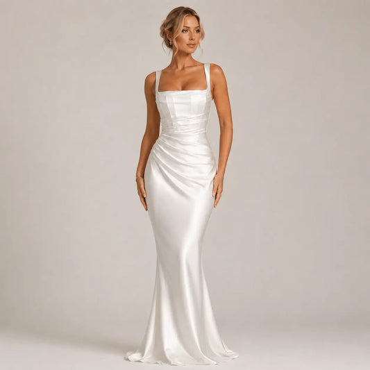 Elegant Maxi Dress | White Maxi Dress with Ruched Bodice & Coordinated Accessories for Formal Events