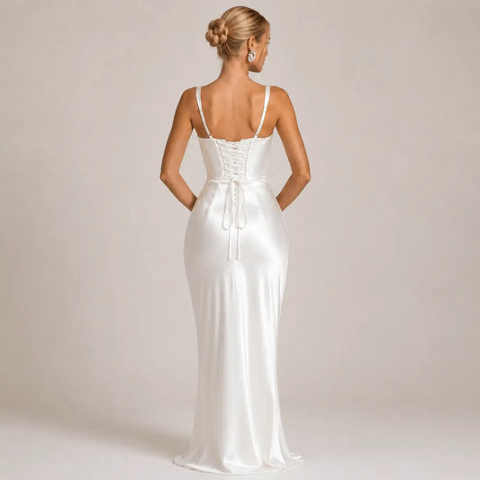 Elegant Maxi Dress | White Maxi Dress with Ruched Bodice & Coordinated Accessories for Formal Events